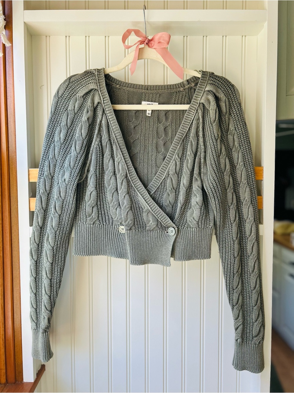 Aerie Cable Wrap Cropped Cardigan Green Small